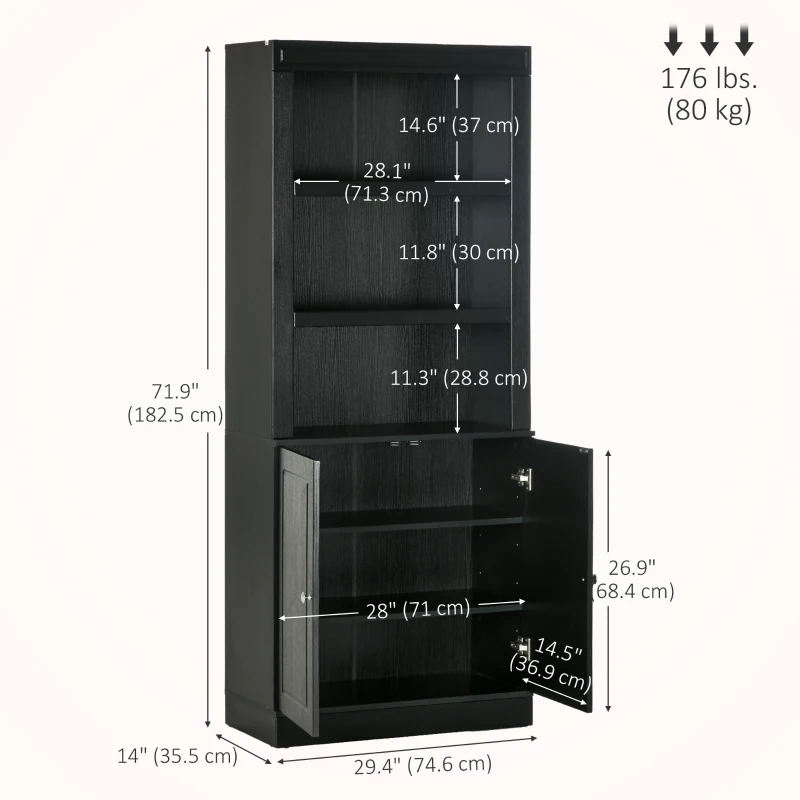 HOMCOM 72" Kitchen Buffet with Hutch, Freestanding Cupboard, Pantry with 6-Tier Shelving, 2 Doors Cabinet with Adjustable Shelves, Black, Wood Grain