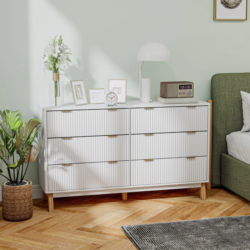 HOMCOM 6 Drawer Double Dresser for Bedroom, Fluted Chest of Drawers with Gold Finger Pulls and 5 Wood Legs, White