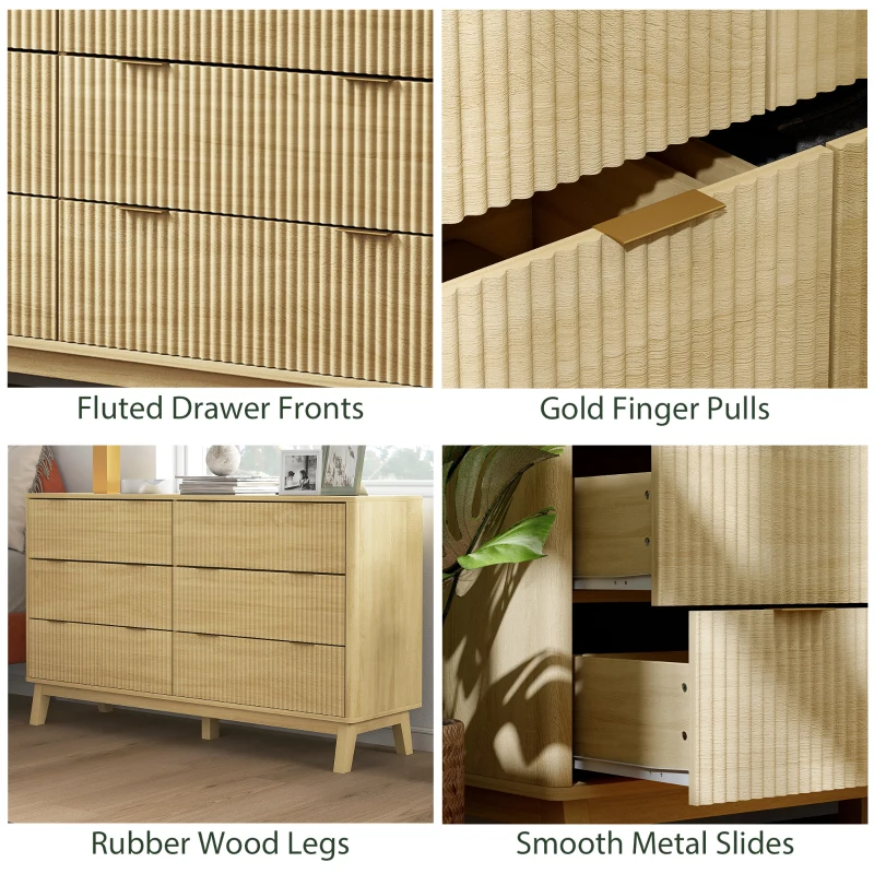 HOMCOM 6 Drawer Double Dresser for Bedroom, Fluted Chest of Drawers with Gold Finger Pulls and 5 Wood Legs, Natural Wood