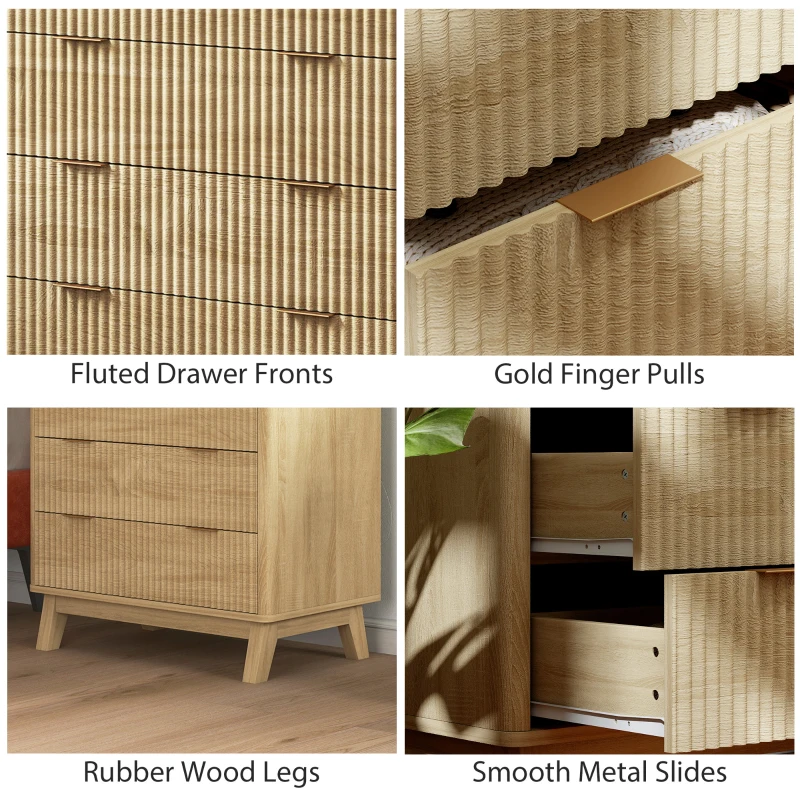 HOMCOM 4 Drawer Double Dresser for Bedroom, Fluted Chest of Drawers with Gold Finger Pulls and 4 Wood Legs, Natural Wood