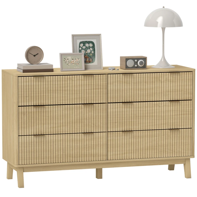 HOMCOM 6 Drawer Double Dresser for Bedroom, Fluted Chest of Drawers with Gold Finger Pulls and 5 Wood Legs, Natural Wood