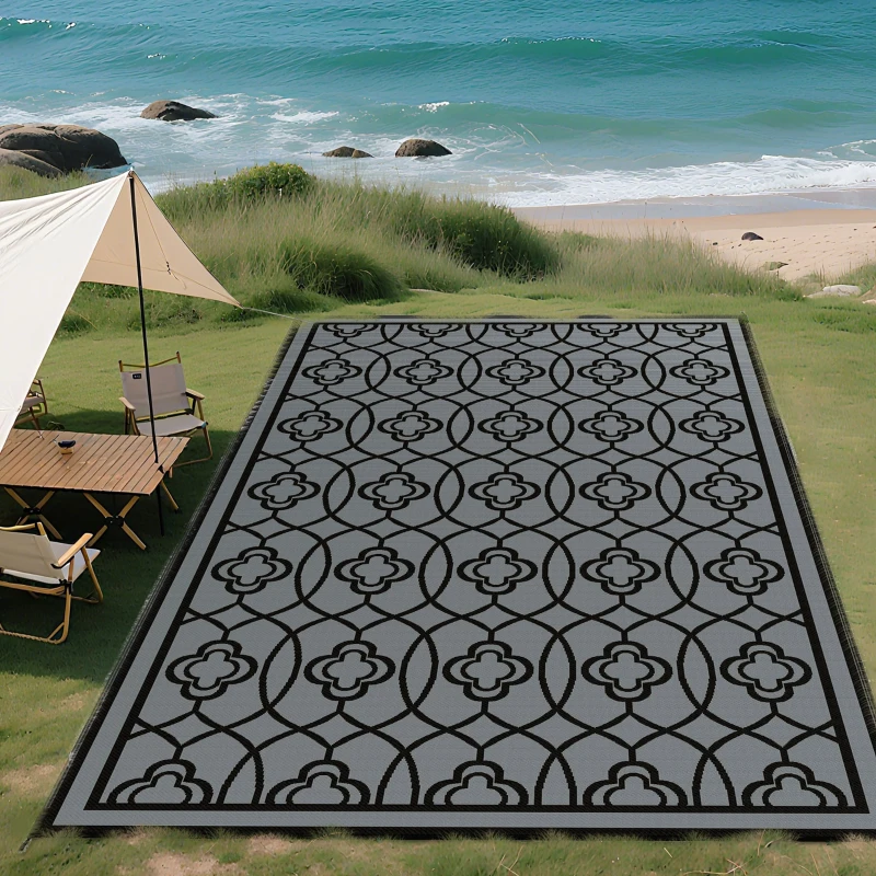Outsunny Reversible Outdoor Rug, Waterproof Plastic Straw with Carry Bag, 9' x 18', Black & Gray Lantern