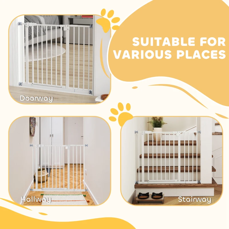 PawHut 30 Inch Tall Pet Gate with Door Dog Gate and Barrier Indoor for Stairs Includes 7", Extensions Kit, Pressure-Mounted Safety Gate, White