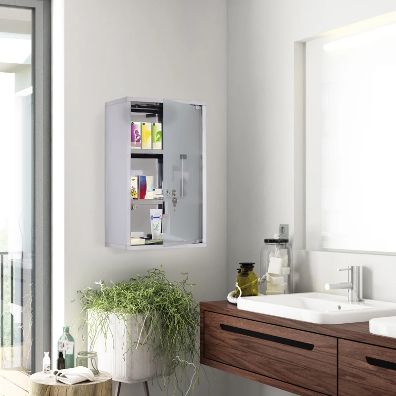 HOMCOM 12" x 20" Lockable Medicine Cabinet, 3 Tier Stainless Steel Medical Wall Box with 2 Keys and Shelves for Bathroom
