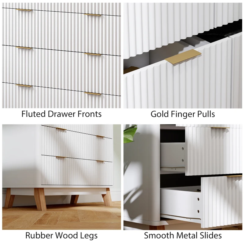 HOMCOM 4 Drawer Double Dresser for Bedroom, Fluted Chest of Drawers with Gold Finger Pulls and 4 Wood Legs, White(m-7)