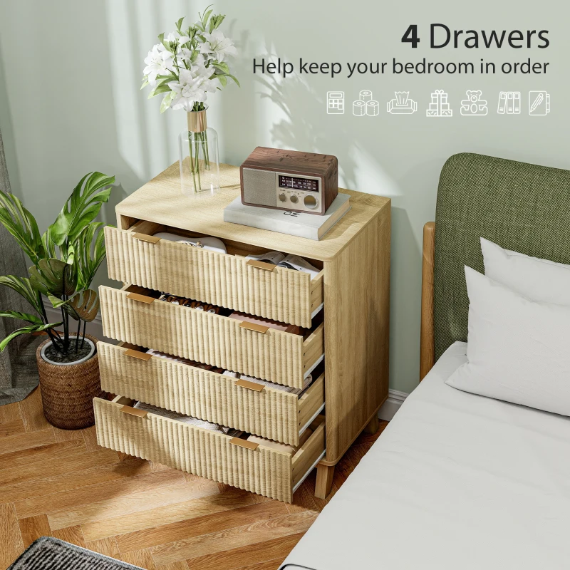 HOMCOM 4 Drawer Double Dresser for Bedroom, Fluted Chest of Drawers with Gold Finger Pulls and 4 Wood Legs, Natural Wood