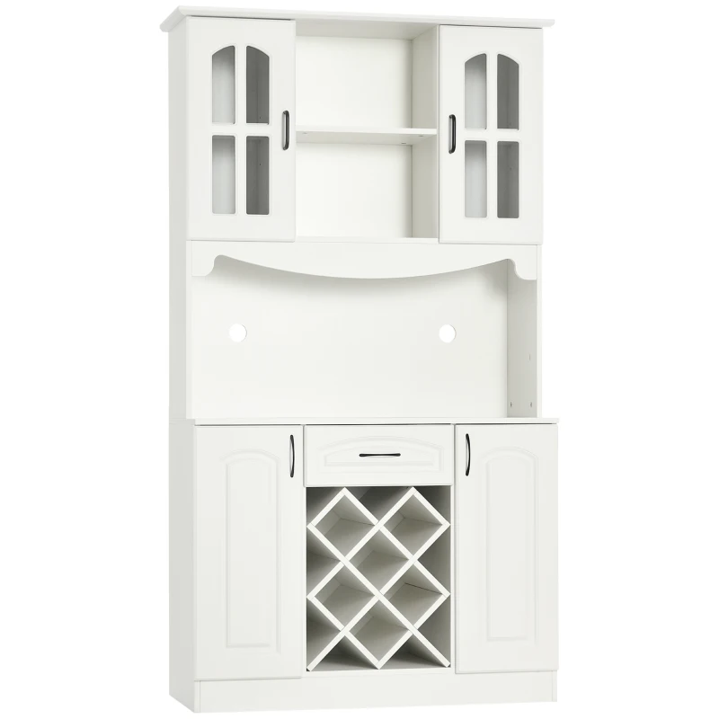 HOMCOM Kitchen Pantry Cabinet, with Hutch, Utility Drawer, 4 Door Cabinets and 6-Bottle Wine Rack, White