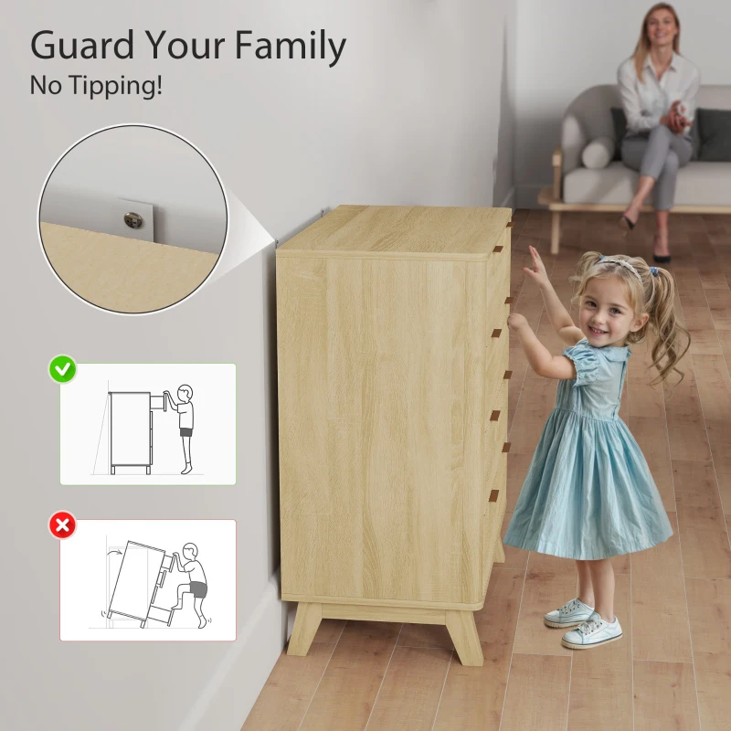 HOMCOM 4 Drawer Double Dresser for Bedroom, Fluted Chest of Drawers with Gold Finger Pulls and 4 Wood Legs, Natural Wood