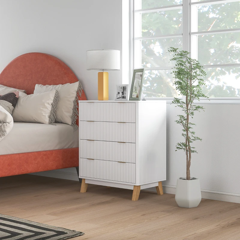 HOMCOM 4 Drawer Double Dresser for Bedroom, Fluted Chest of Drawers with Gold Finger Pulls and 4 Wood Legs, White(m-8)