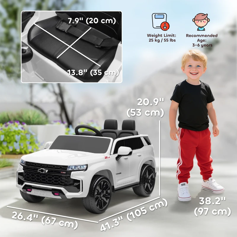 Aosom Licensed Chevrolet Tahoe Kids Ride on Car, 12V 7AH Toddler Electric Car with Parent Remote Control, 3 Speeds, Spring Suspension, LED Light, Horn, Music, White