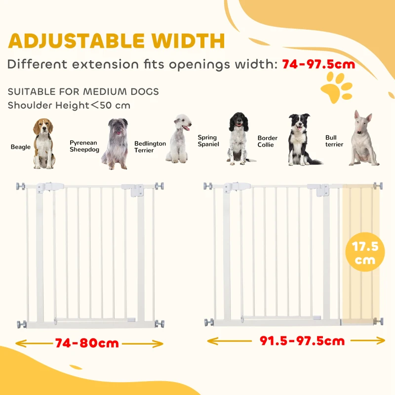 PawHut 30 Inch Tall Pet Gate with Door Dog Gate and Barrier Indoor for Stairs Includes 7", Extensions Kit, Pressure-Mounted Safety Gate, White
