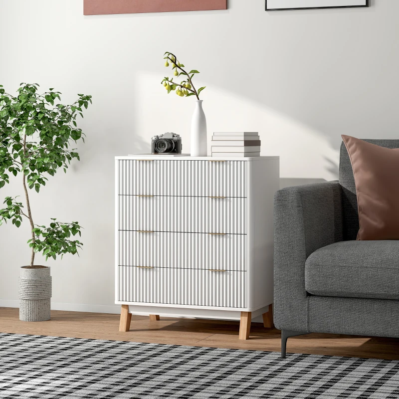 HOMCOM 4 Drawer Double Dresser for Bedroom, Fluted Chest of Drawers with Gold Finger Pulls and 4 Wood Legs, White(m-10)