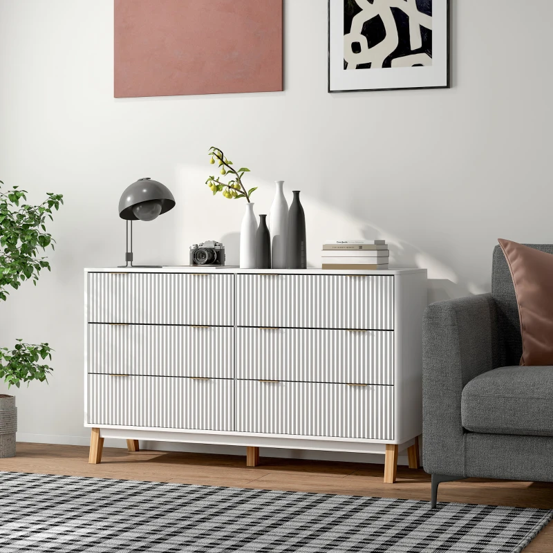 HOMCOM 6 Drawer Double Dresser for Bedroom, Fluted Chest of Drawers with Gold Finger Pulls and 5 Wood Legs, White