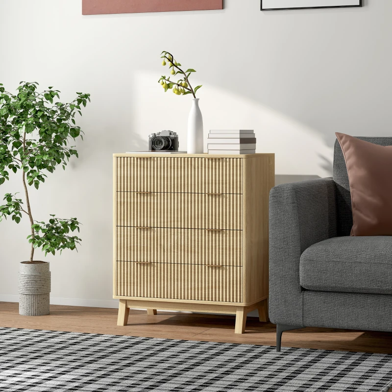 HOMCOM 4 Drawer Double Dresser for Bedroom, Fluted Chest of Drawers with Gold Finger Pulls and 4 Wood Legs, Natural Wood