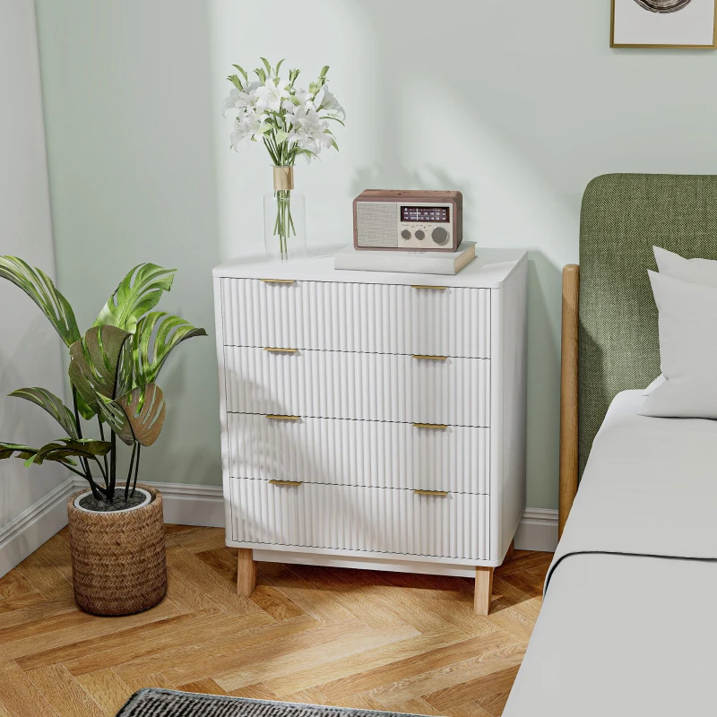 HOMCOM 4 Drawer Double Dresser for Bedroom, Fluted Chest of Drawers with Gold Finger Pulls and 4 Wood Legs, White(m-2)