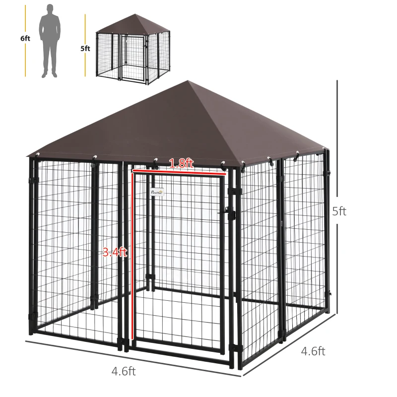 PawHut 4.6' x 4.6' x 5' Outdoor Dog Kennel, Welded Wire Heavy Duty Dog Run, Dog Kennel Outside with Waterproof & UV Resistant Cover, for S&M Dogs, Black