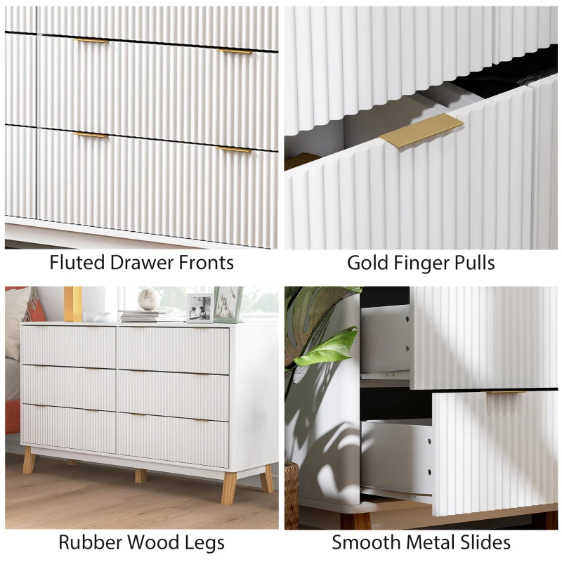 HOMCOM 6 Drawer Double Dresser for Bedroom, Fluted Chest of Drawers with Gold Finger Pulls and 5 Wood Legs, White
