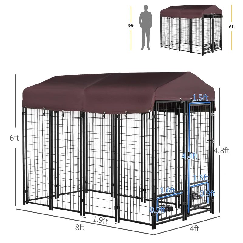 PawHut Outdoor Dog Kennel with Rotating Bowl Holders, Pet Playpen with Waterproof Cover, 8' x 4' x 6', Red