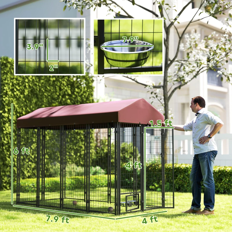 PawHut Outdoor Dog Kennel with Rotating Bowl Holders, Walk-in Pet Playpen with Waterproof Cover, 8' x 4' x 6', Red