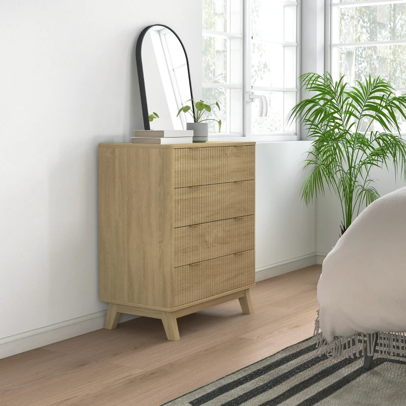 HOMCOM 4 Drawer Double Dresser for Bedroom, Fluted Chest of Drawers with Gold Finger Pulls and 4 Wood Legs, Natural Wood