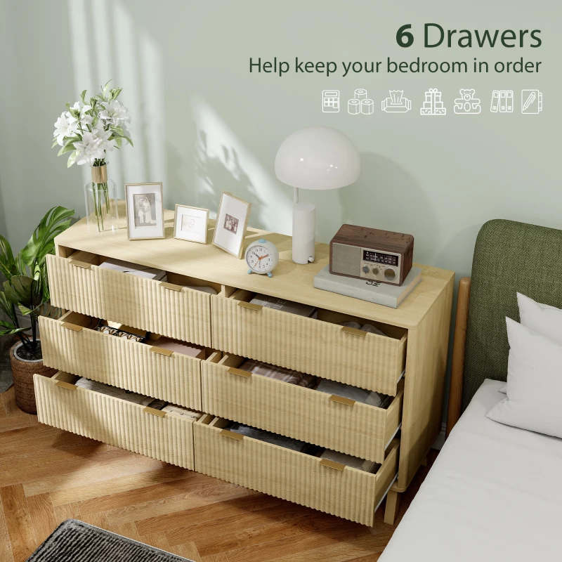 HOMCOM 6 Drawer Double Dresser for Bedroom, Fluted Chest of Drawers with Gold Finger Pulls and 5 Wood Legs, Natural Wood