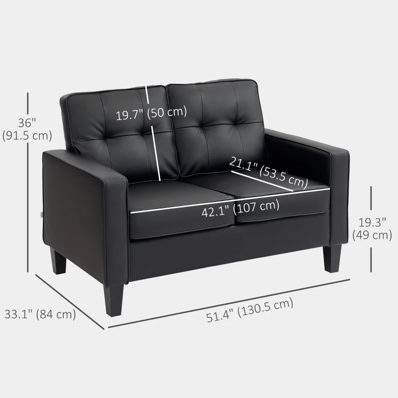 HOMCOM 51" Double Sofa Couch, Upholstered PU Leather Loveseat with Armrests, Tufted Backrest, Cushion, Black