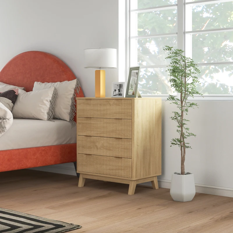 HOMCOM 4 Drawer Double Dresser for Bedroom, Fluted Chest of Drawers with Gold Finger Pulls and 4 Wood Legs, Natural Wood