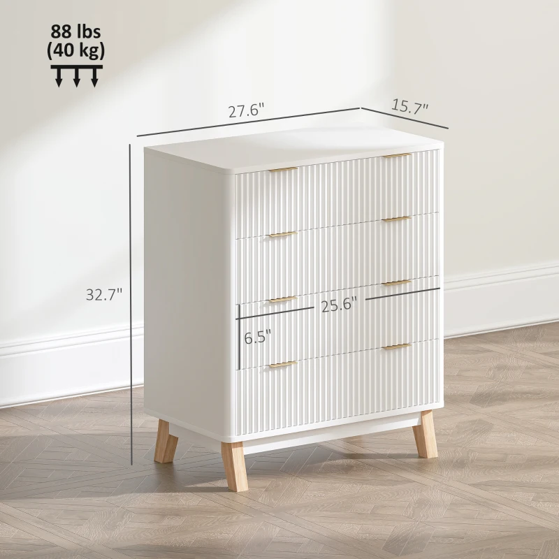 HOMCOM 4 Drawer Double Dresser for Bedroom, Fluted Chest of Drawers with Gold Finger Pulls and 4 Wood Legs, White(m-3)