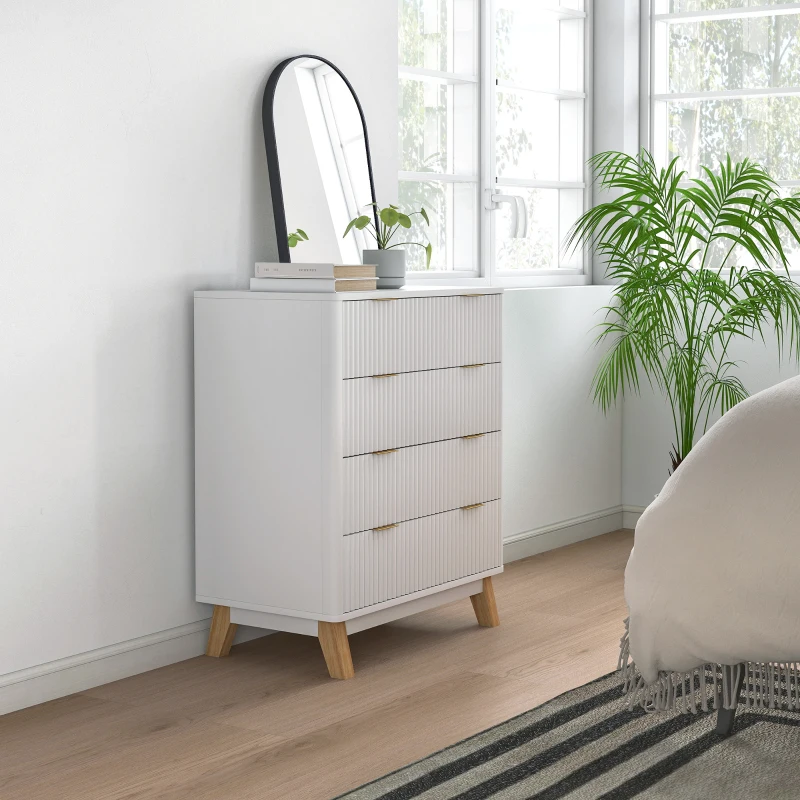 HOMCOM 4 Drawer Double Dresser for Bedroom, Fluted Chest of Drawers with Gold Finger Pulls and 4 Wood Legs, White(m-9)