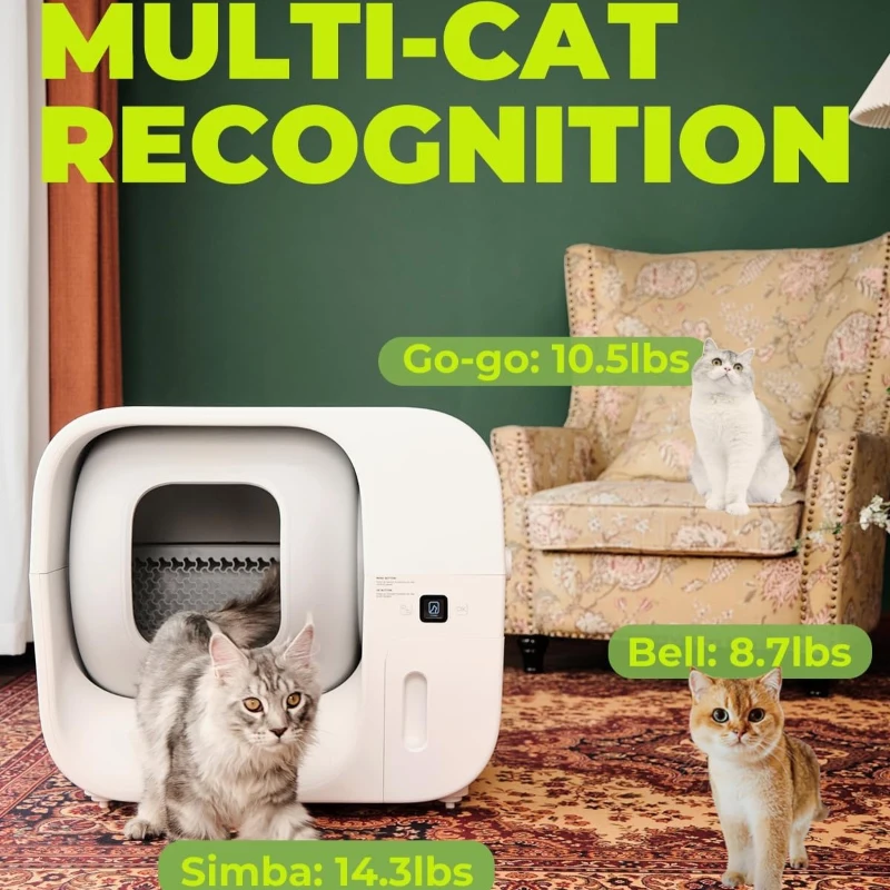 Odor-Free Self-Cleaning Litter Box with Self-Pack and Refill System, APP Control, Extra Large Space for 3.3-22 lbs Cats, 27.5"L x 18"W x 23.5"H, White Gray