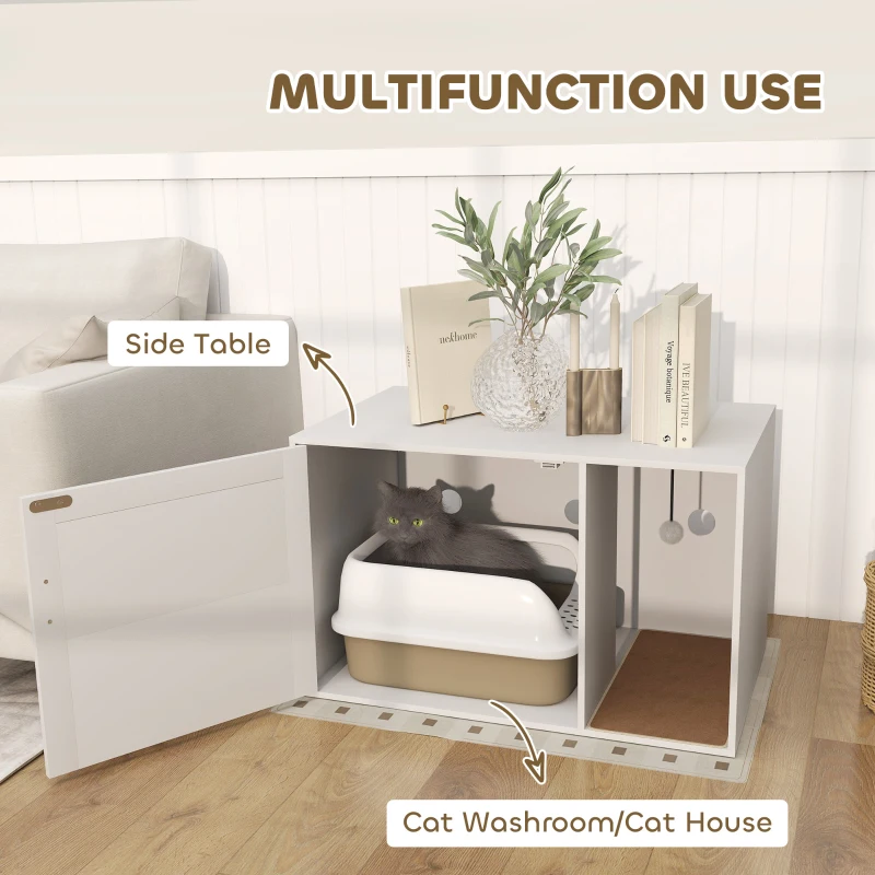PawHut Cat Litter Box Enclosure, Cat Washroom End Side Table with Rattan Door, Scratching Pad, Non-slip Foot Pads, White