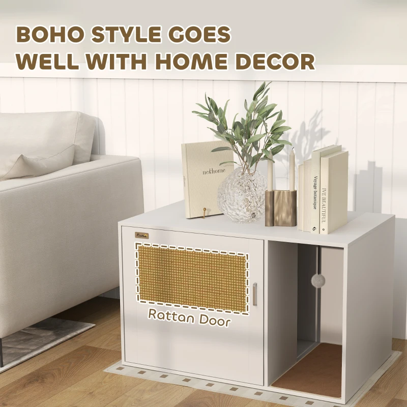 PawHut Cat Litter Box Enclosure, Cat Washroom End Side Table with Rattan Door, Scratching Pad, Non-slip Foot Pads, White