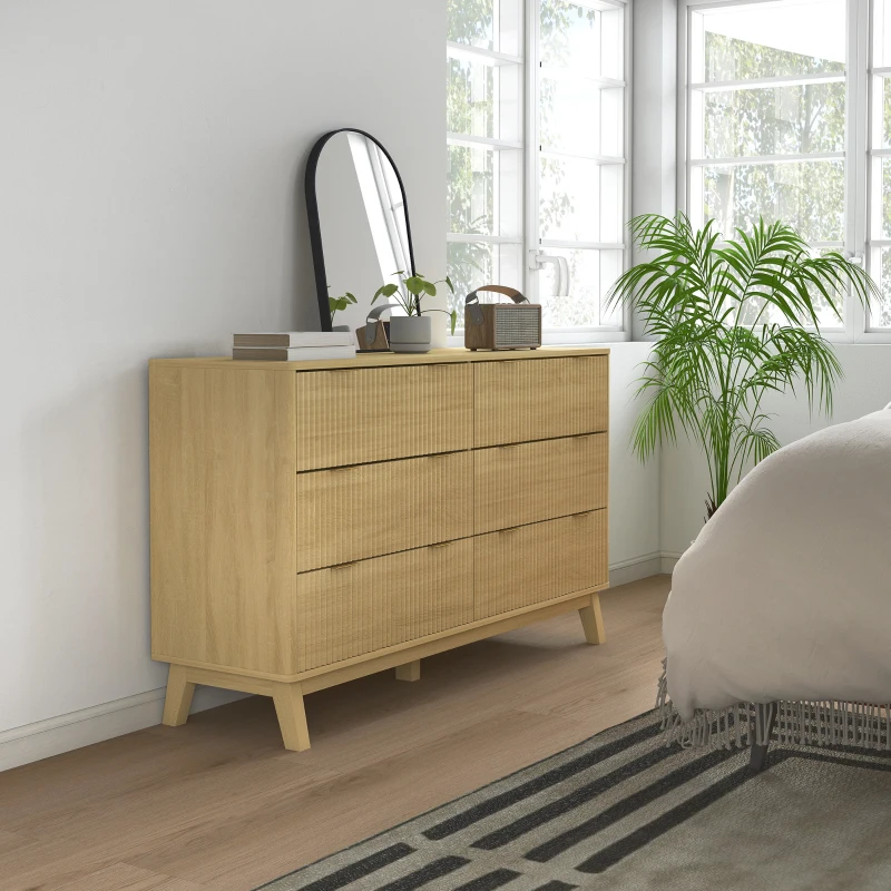 HOMCOM 6 Drawer Double Dresser for Bedroom, Fluted Chest of Drawers with Gold Finger Pulls and 5 Wood Legs, Natural Wood