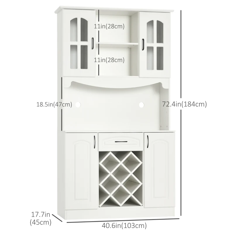 HOMCOM Kitchen Pantry Cabinet, with Hutch, Utility Drawer, 4 Door Cabinets and 6-Bottle Wine Rack, White