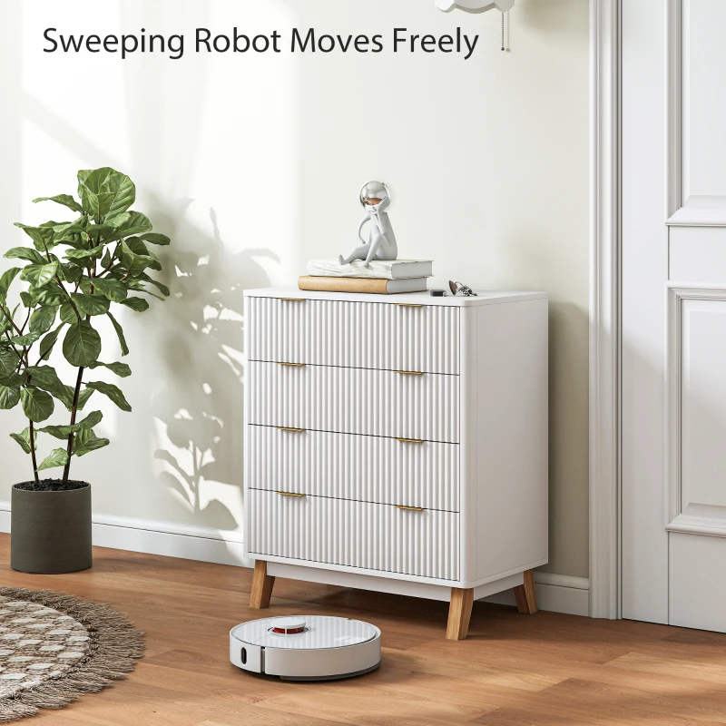 HOMCOM 4 Drawer Double Dresser for Bedroom, Fluted Chest of Drawers with Gold Finger Pulls and 4 Wood Legs, White(m-6)