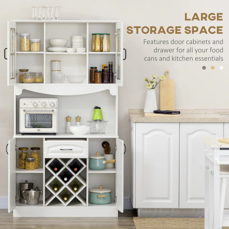 HOMCOM Kitchen Pantry Cabinet, with Hutch, Utility Drawer, 4 Door Cabinets and 6-Bottle Wine Rack, White