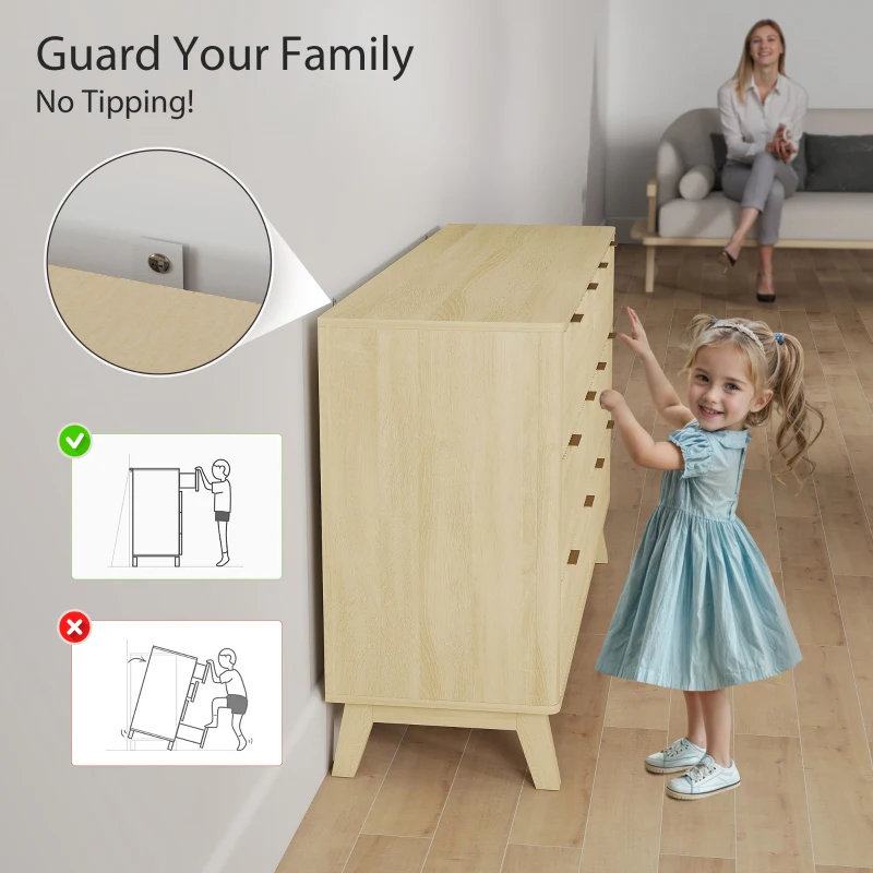 HOMCOM 6 Drawer Double Dresser for Bedroom, Fluted Chest of Drawers with Gold Finger Pulls and 5 Wood Legs, Natural Wood