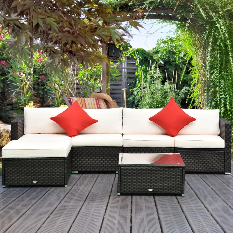 Outsunny 6 Pieces Outdoor PE Rattan Wicker Patio Furniture Sofa Set with Thick Cushions, Deluxe Garden Sectional Couch with Glass Top Table, Dark Coffee and Cream White