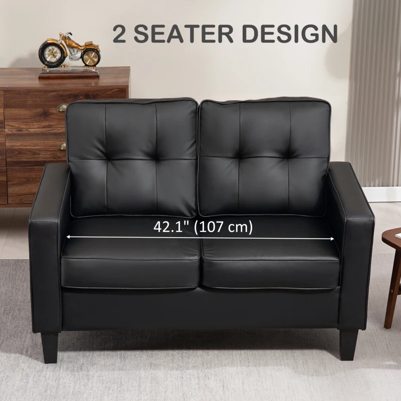 HOMCOM 51" Double Sofa Couch, Upholstered PU Leather Loveseat with Armrests, Tufted Backrest, Cushion, Black
