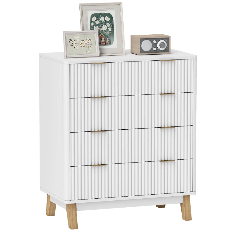 HOMCOM 4 Drawer Double Dresser for Bedroom, Fluted Chest of Drawers with Gold Finger Pulls and 4 Wood Legs, White(m-11)