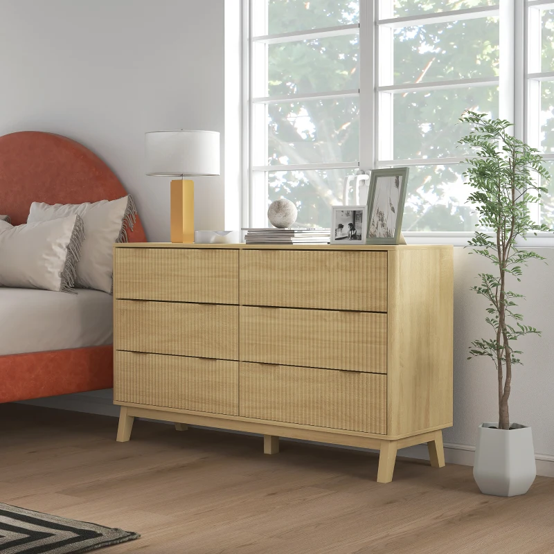 HOMCOM 6 Drawer Double Dresser for Bedroom, Fluted Chest of Drawers with Gold Finger Pulls and 5 Wood Legs, Natural Wood