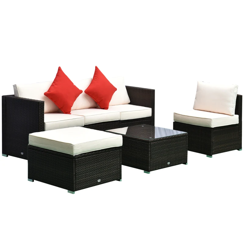 Outsunny 6 Pieces Outdoor PE Rattan Wicker Patio Furniture Sofa Set with Thick Cushions, Deluxe Garden Sectional Couch with Glass Top Table, Dark Coffee and Cream White