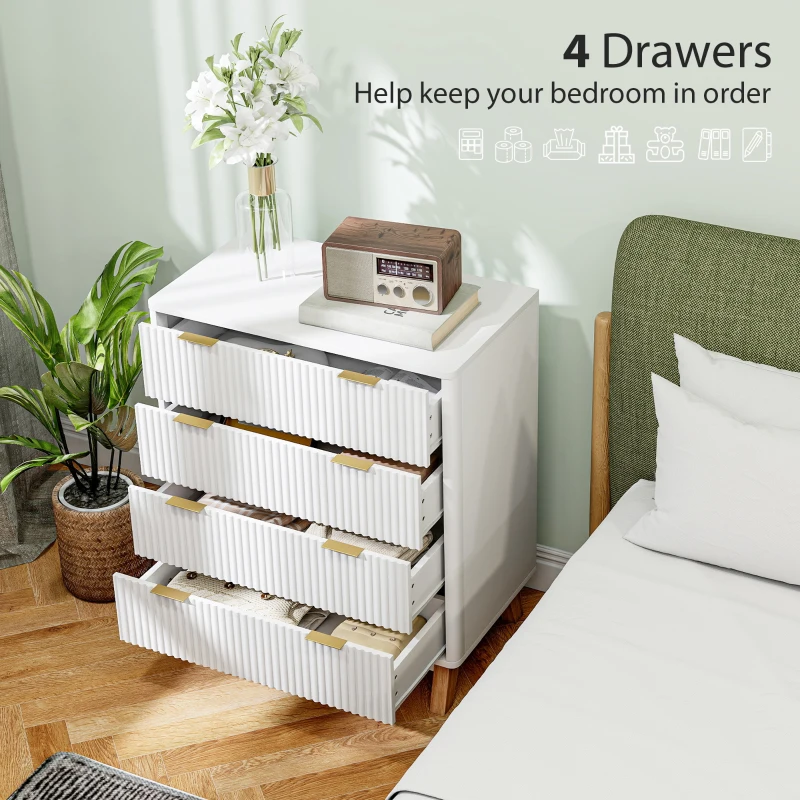 HOMCOM 4 Drawer Double Dresser for Bedroom, Fluted Chest of Drawers with Gold Finger Pulls and 4 Wood Legs, White(m-4)