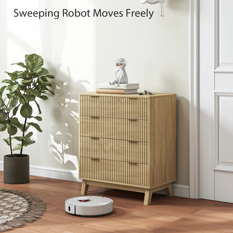HOMCOM 4 Drawer Double Dresser for Bedroom, Fluted Chest of Drawers with Gold Finger Pulls and 4 Wood Legs, Natural Wood