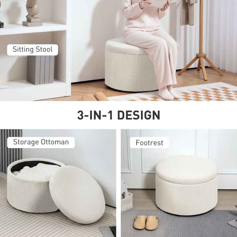HOMCOM 24 Inches Round Storage Ottoman Stool with Lid, Upholstered Corduroy Foot Rest for Living Room, Bedroom, Beige