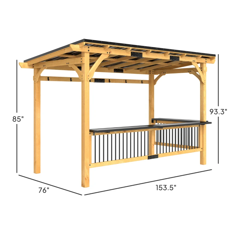 Outsunny 13' x 6' Wooden BBQ Grill Gazebo, Outdoor Hardtop Grill Gazebo with Metal Roof, 2 Bar Shelves and 6 Hooks, Natural