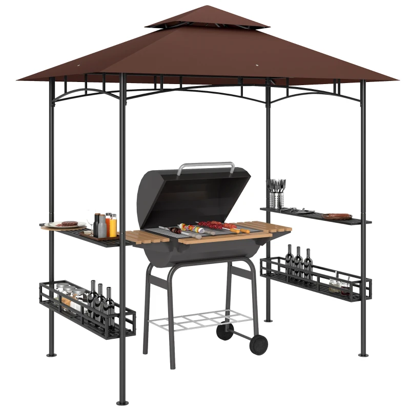 Outsunny 8' x 5' BBQ Grill Gazebo, 2-Tier Outdoor BBQ Gazebo with 2 Side Shelves, Storage Baskets, Ceiling Hook, Dark Brown