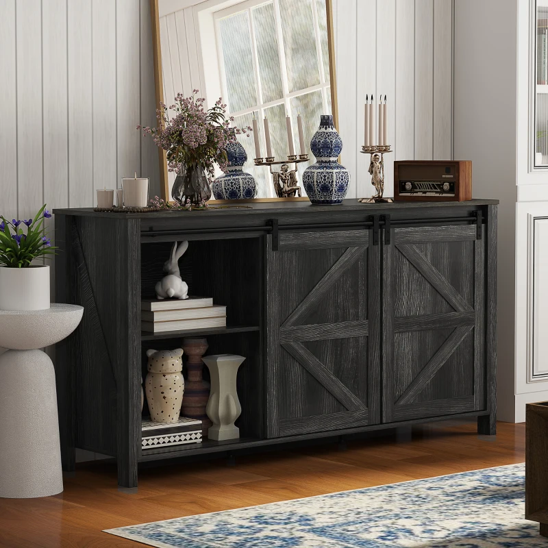 HOMCOM 60" Buffet Cabinet, Farmhouse Sideboard with Sliding Barn Doors, Drawers and Adjustable Shelves, Distressed Dark Gray