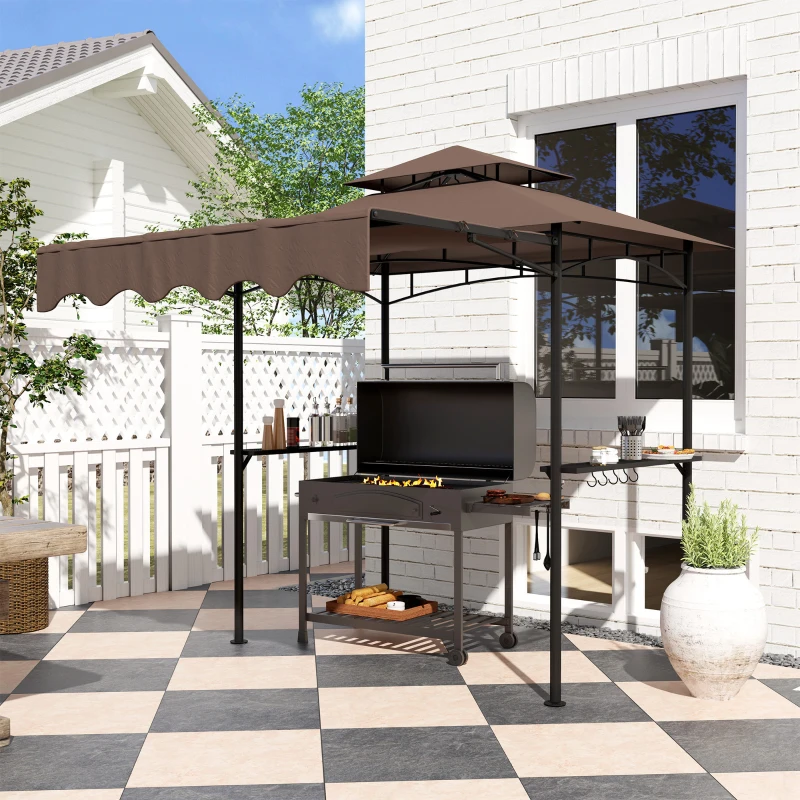 Outsunny 8' x 5' Outdoor Grill Gazebo, Barbecue Gazebo Shelter with Side Awning, 2 Side Shelves and 6 Hooks, Brown