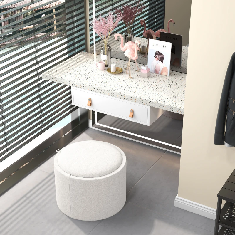 HOMCOM Round Storage Ottoman Coffee Table with Flip Top Tray, Linen Fabric Upholstered Footstool with Hidden Compartment